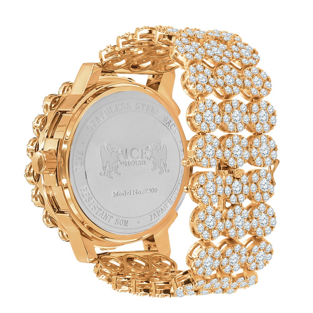 Roman Face 18k Rose Gold Finish Simulated Diamond 5 ATM Water Resistant Solid Steel Back Flower Bezel Band Men's Watch Big 55mm W/Date