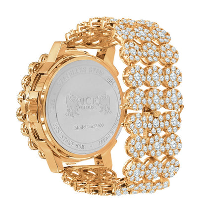 Roman Face 18k Rose Gold Finish Simulated Diamond 5 ATM Water Resistant Solid Steel Back Flower Bezel Band Men's Watch Big 55mm W/Date