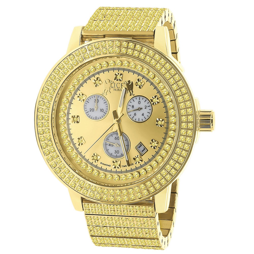 Full Solid Stainless Steel Lemonade Canary Citrine 18K Gold Finish Simulated Diamond 5 ATM Water Resistant Men's Watch With Date Function