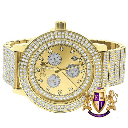 Full Solid Stainless Steel Lemonade 18K Gold Yellow Finish Simulated Diamond 5 ATM Water Resistant Men's Watch With Date Function Big 54 MM