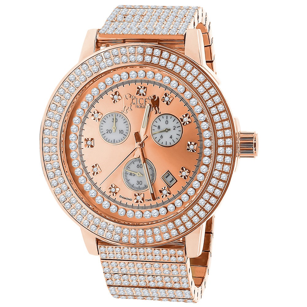 Full Solid Stainless Steel 18K Rose Gold Finish Simulated Diamond 5 ATM Water Resistant Men's Custom Watch With Date Function Big 54mm