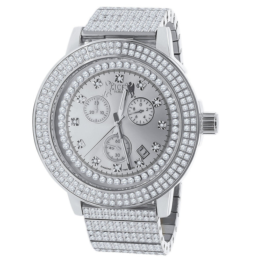 Full Solid Stainless Steel Lemonade 18K White Gold Finish Simulated Diamond 5 ATM Water Resistant Men's Watch With Date Function Big 54 mm