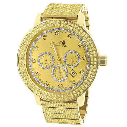 Men's Full Solid Stainless Steel Lemonade Canary Citrine 18K Gold Finish Simulated Diamond 5 ATM Water Resistant Watch With Date Function