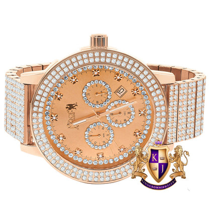 Full Solid Stainless Steel 18K Rose Gold Finish Copper Tone Simulated Diamond 5 ATM Water Resistant Men's Watch With Date Function Big 54 mm