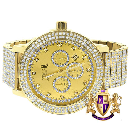 Full Solid Stainless Steel 18K Yellow  Gold Finish Simulated Diamond 5 ATM Water Resistant Men's Luxury Watch With Date Function Big 54 mm