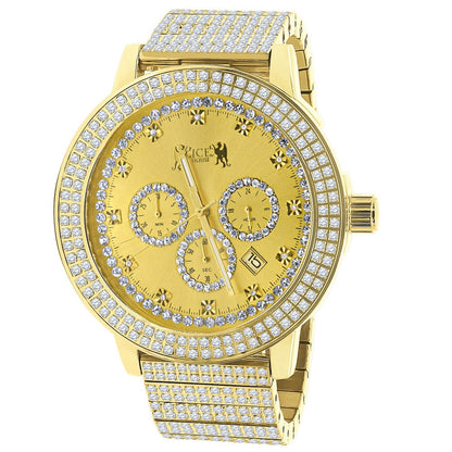 Full Solid Stainless Steel 18K Yellow  Gold Finish Simulated Diamond 5 ATM Water Resistant Men's Luxury Watch With Date Function Big 54 mm