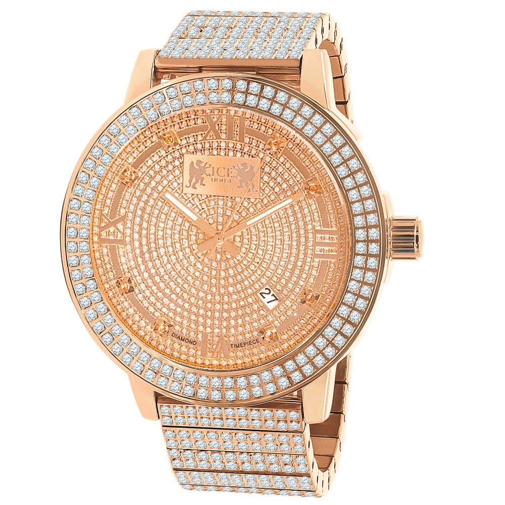 Full Solid Stainless Steel Real Diamond Dial 18K Rose Gold Finish 5 ATM Water Resistant Men's Custom Luxury Watch W/Date Function Big 54mm