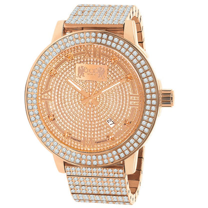 Full Solid Stainless Steel Real Diamond Dial 18K Rose Gold Finish 5 ATM Water Resistant Men's Custom Luxury Watch W/Date Function Big 54mm