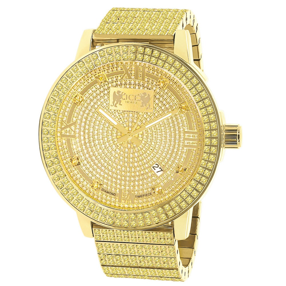 Canary Full Solid Stainless Steel Real Diamond Dial 18K Gold Finish 5 ATM Water Resistant Men's Custom Luxury Watch W/Date Function XL 54mm