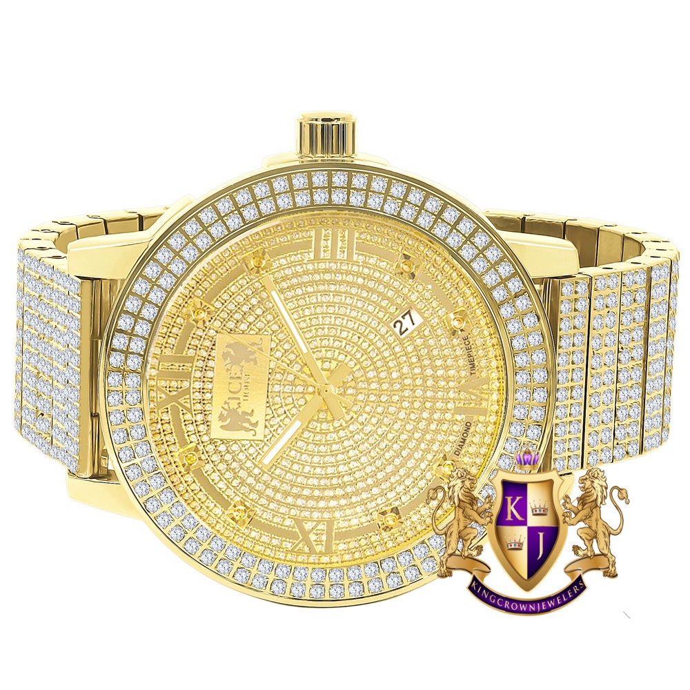 Full Solid Stainless Steel Real Diamond Dial 18K Yellow Gold Finish 5 ATM Water Resistant Men's Custom Luxury Watch W/Date Function Big 54mm