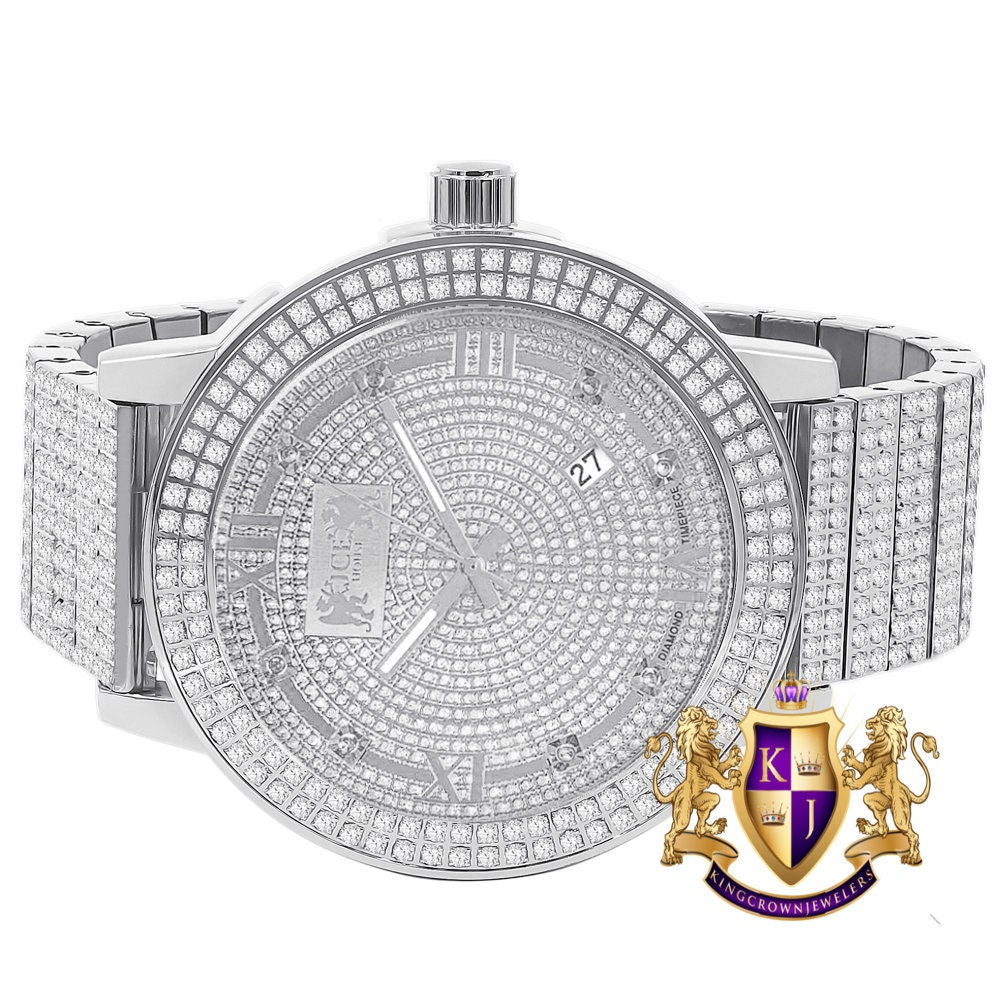 Full Solid Stainless Steel Real Diamond Dial 18K White Gold Finish 5 ATM Water Resistant Men's Custom Luxury Watch W/Date Function Big 54mm
