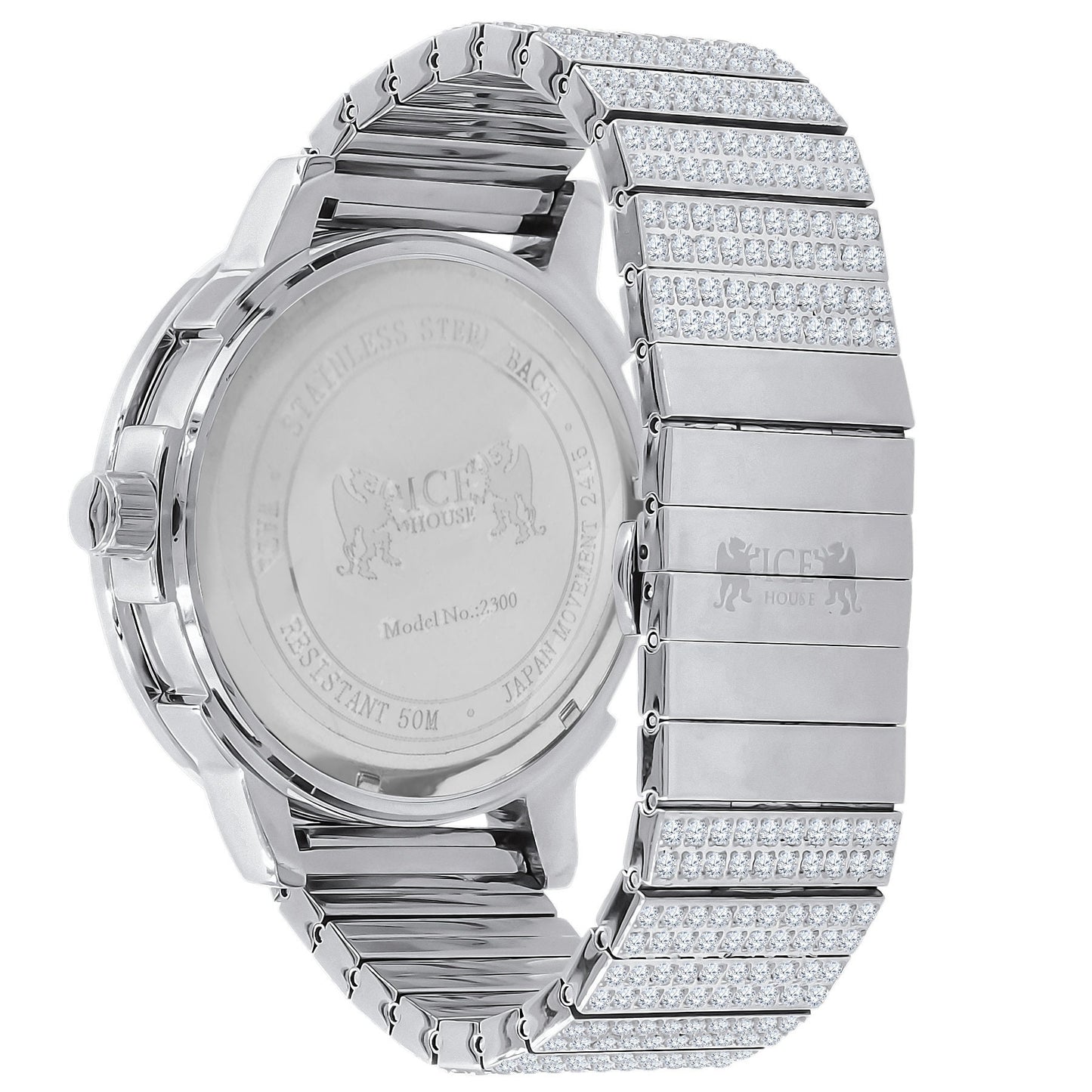 Full Solid Stainless Steel Real Diamond Dial 18K White Gold Finish 5 ATM Water Resistant Men's Custom Luxury Watch W/Date Function Big 54mm