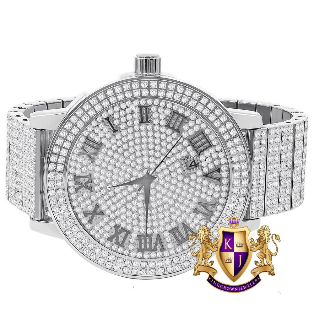 Roman Numeral Dial Face Full Solid Stainless Steel 18K White Gold Finish Simulated Diamond Men's Custom Luxury Watch W/Date Big XL 54 mm