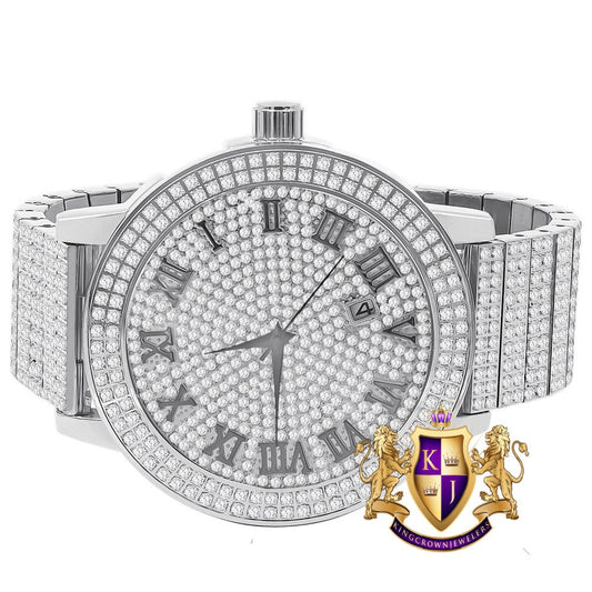 Roman Numeral Dial Face Full Solid Stainless Steel 18K White Gold Finish Simulated Diamond Men's Custom Luxury Watch W/Date Big XL 54 mm