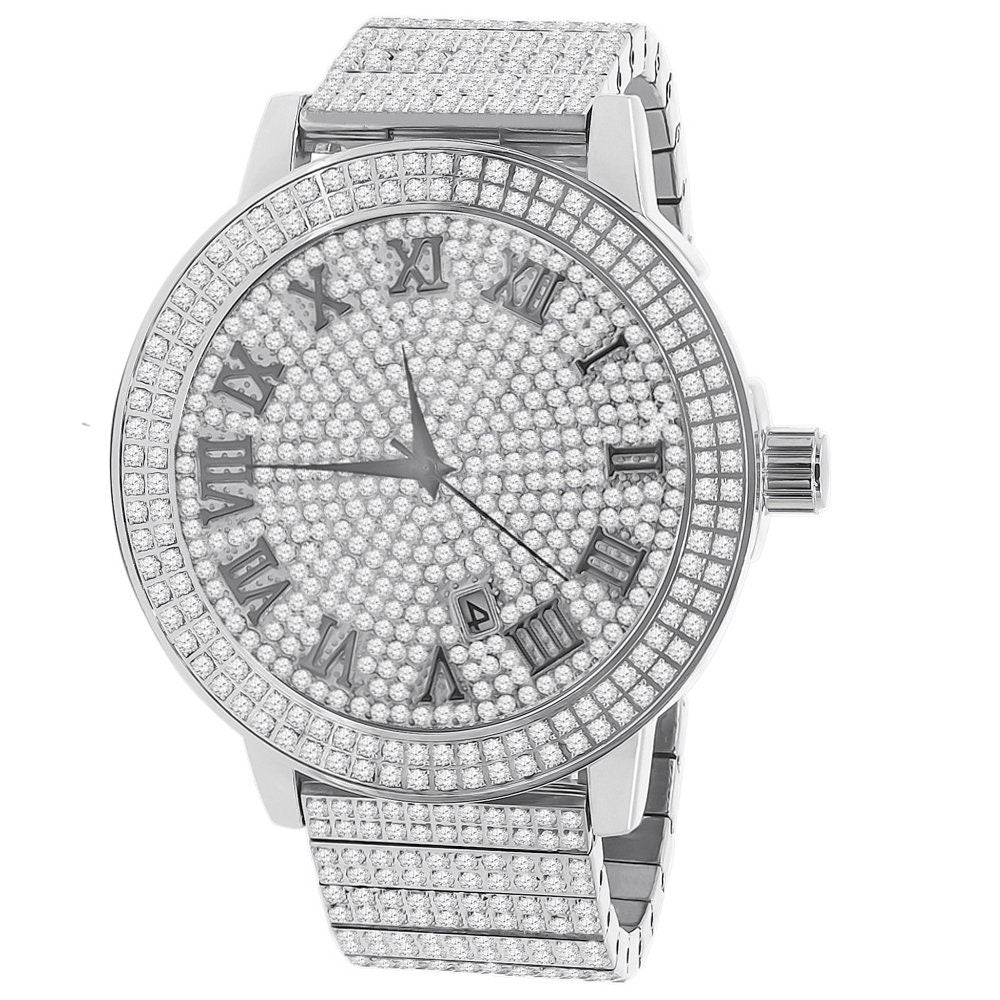 Roman Numeral Dial Face Full Solid Stainless Steel 18K White Gold Finish Simulated Diamond Men's Custom Luxury Watch W/Date Big XL 54 mm