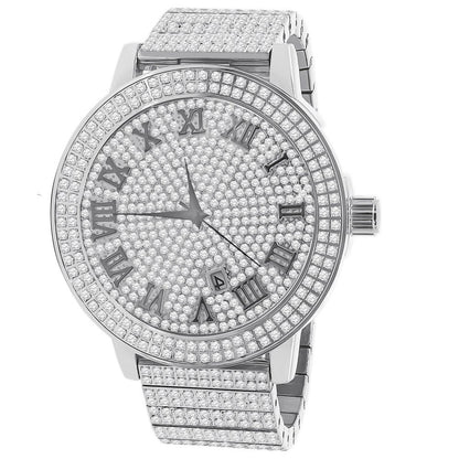 Roman Numeral Dial Face Full Solid Stainless Steel 18K White Gold Finish Simulated Diamond Men's Custom Luxury Watch W/Date Big XL 54 mm