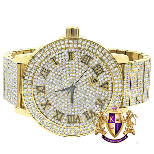Roman Numeral Dial Face Full Solid Stainless Steel 18K Yellow Gold Finish Simulated Diamond Men's Custom Luxury Watch W/Date Big 54 mm