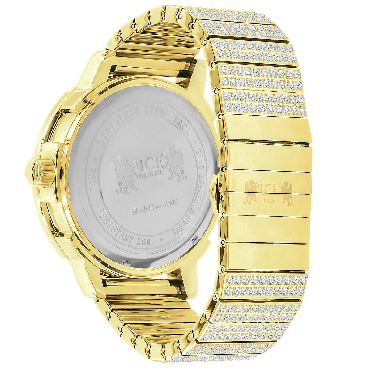 Roman Numeral Dial Face Full Solid Stainless Steel 18K Yellow Gold Finish Simulated Diamond Men's Custom Luxury Watch W/Date Big 54 mm