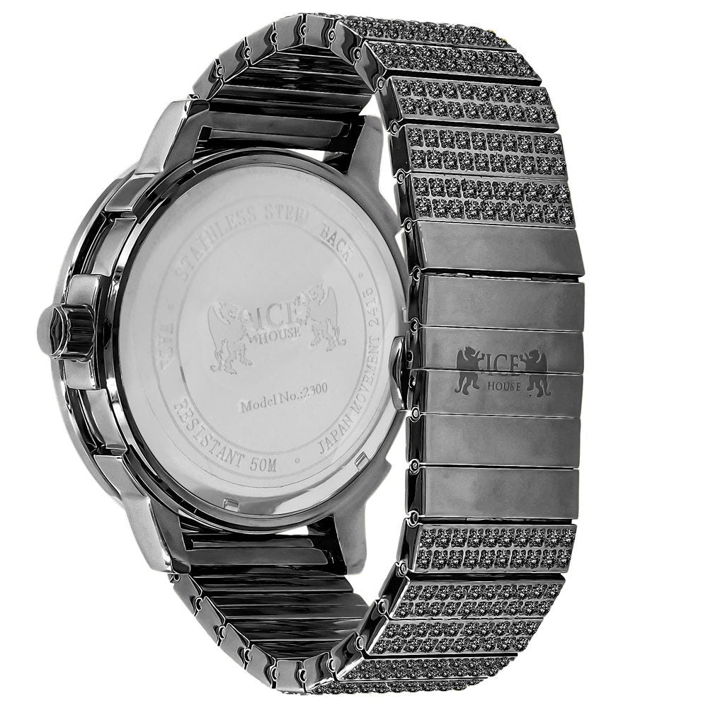 Men's Full Solid Stainless Steel 18K Black Gold Finish Simulated Diamond 5 ATM Water Resistant Custom Watch With Date Function Big 54 mm