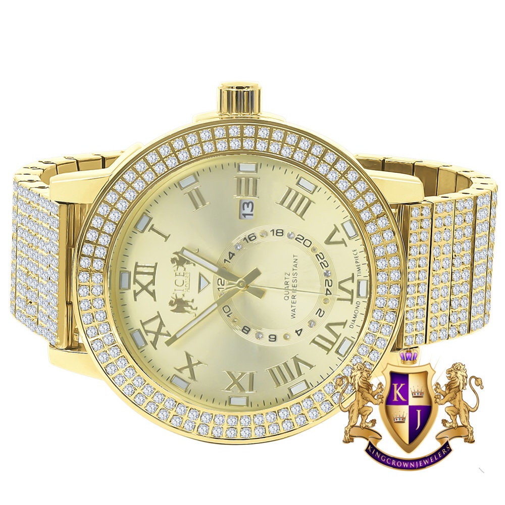 Men's Full Solid Stainless Steel Real Diamond Dial 18K Yellow Gold Finish 5 ATM Water Resistant Custom Luxury Watch W/Date Function Big 54mm