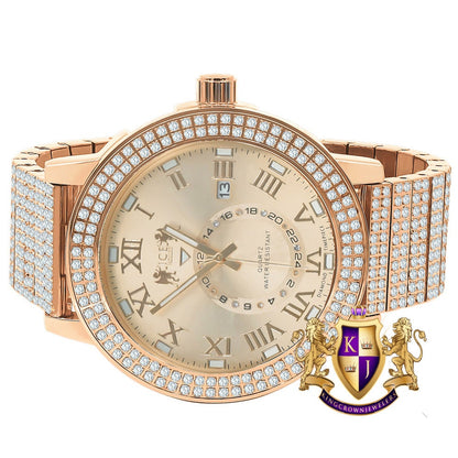 Men's Full Solid Stainless Steel Real Diamond Dial 18K Rose Gold Finish 5 ATM Water Resistant Custom Luxury Watch W/Date Function Big 54mm