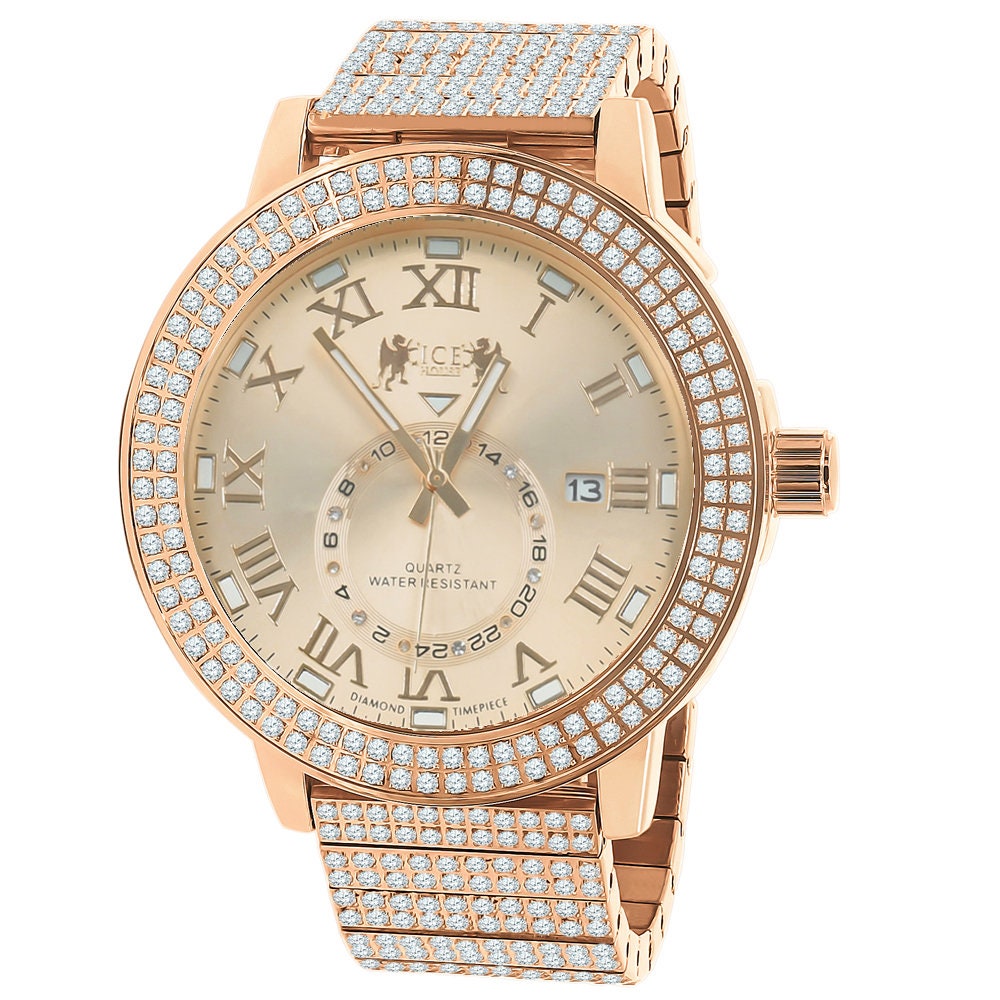 Men's Full Solid Stainless Steel Real Diamond Dial 18K Rose Gold Finish 5 ATM Water Resistant Custom Luxury Watch W/Date Function Big 54mm