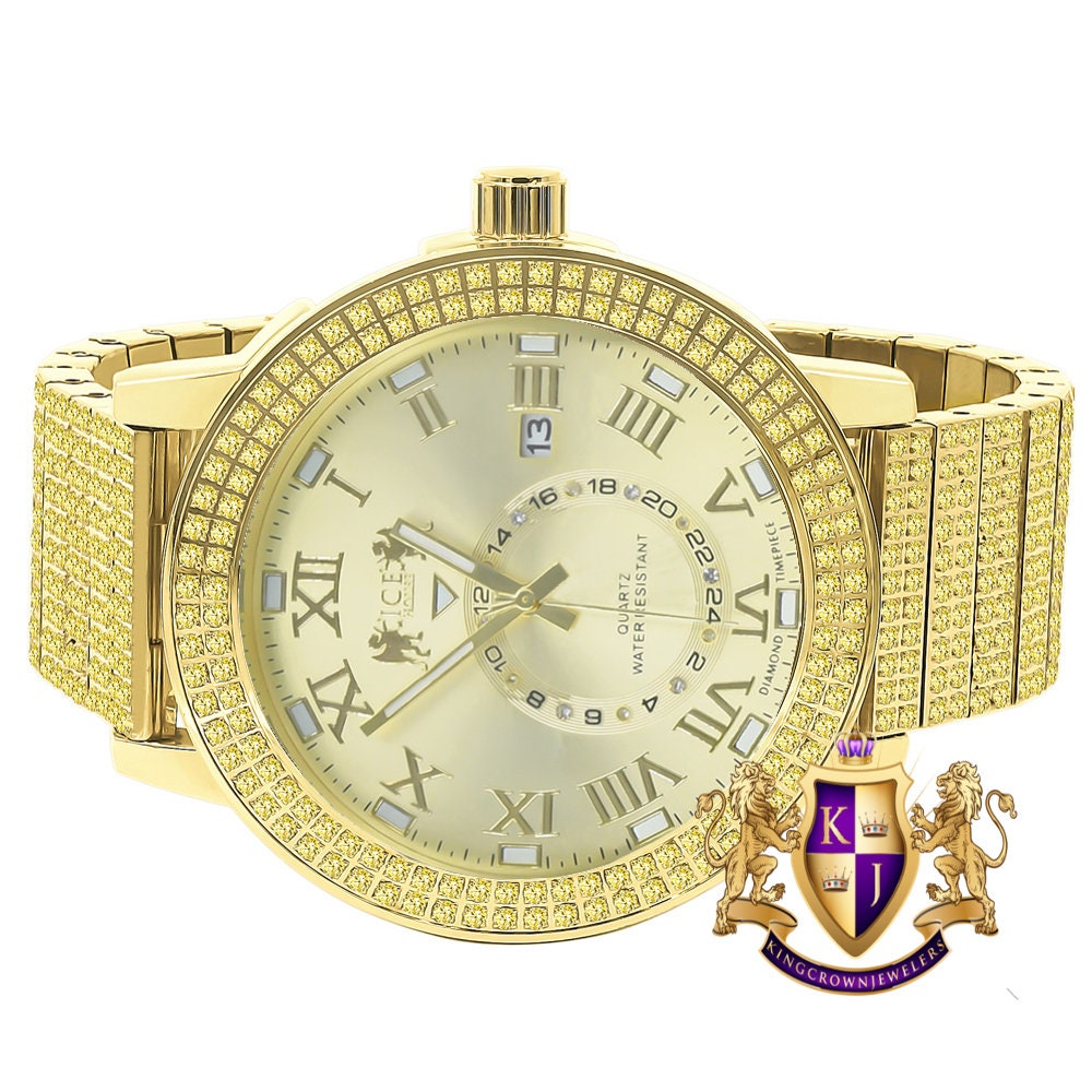 Canary Men's Full Solid Stainless Steel Real Diamond Dial 18K Gold Finish 5 ATM Water Resistant Custom Luxury Watch W/Date Function Big 54mm