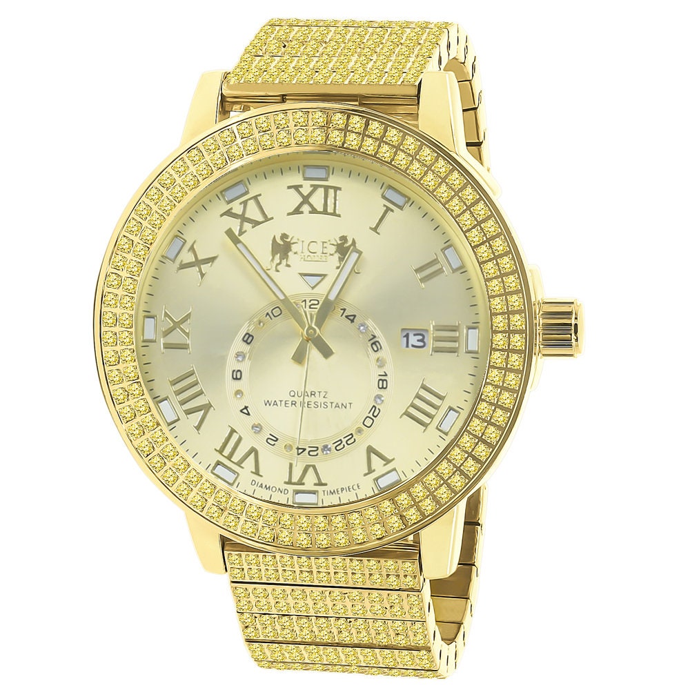 Canary Men's Full Solid Stainless Steel Real Diamond Dial 18K Gold Finish 5 ATM Water Resistant Custom Luxury Watch W/Date Function Big 54mm