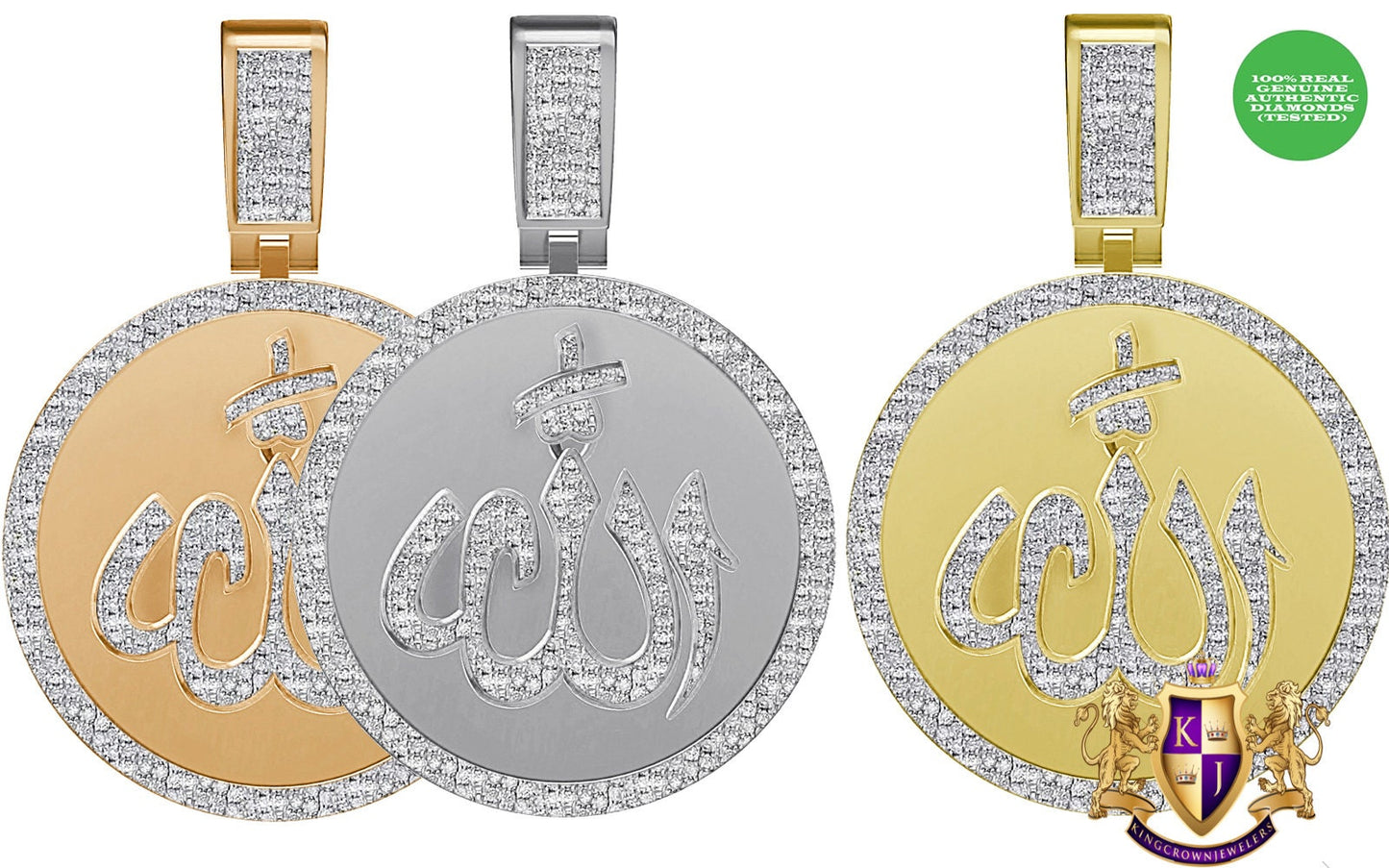 Real Genuine Authentic Diamond 0.60 Cwt. 15+ Grams Allah God Muslim Arabic Islamic Medallion 10K Solid Gold Over Unisex Charm Pendant 2''