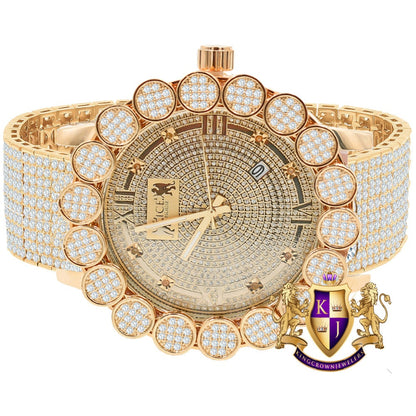 18K Rose Gold Finish Roman Dial Micro Pave Cluster Flower Bezel Full Iced Out 10 Row Band Genuine Dial Diamonds Analog Custom Watch W/Date