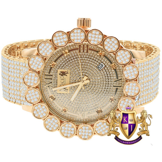 18K Rose Gold Finish Roman Dial Micro Pave Cluster Flower Bezel Full Iced Out 10 Row Band Genuine Dial Diamonds Analog Custom Watch W/Date