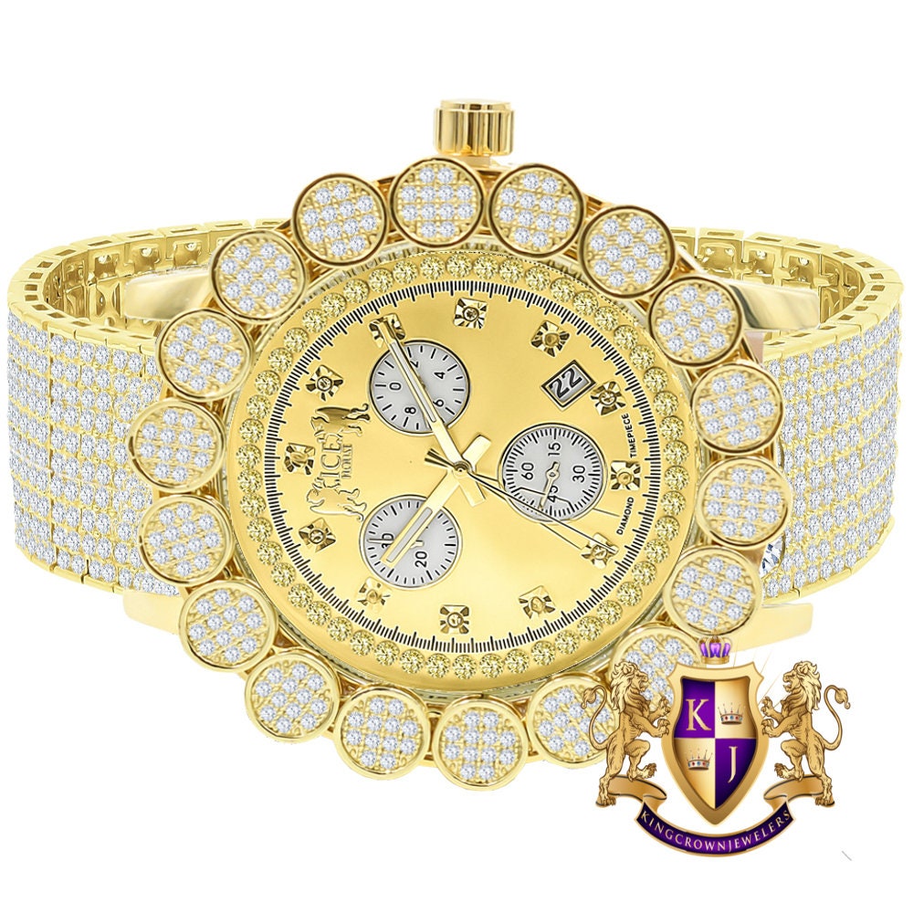 Men's 18K Yellow Gold Finish Micro Pave Cluster Flower Bezel Full Iced Out 10 Row Band Genuine Dial Diamonds Solid  Steel Back Watch W/Date