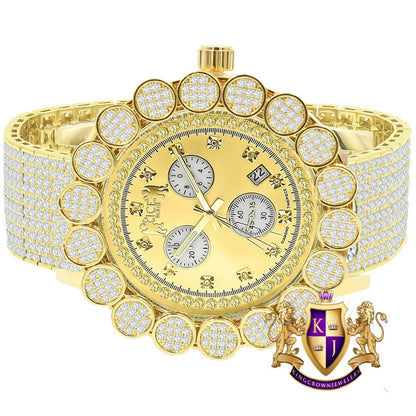 Men's 18K Yellow Gold Finish Micro Pave Cluster Flower Bezel Full Iced Out 10 Row Band Genuine Dial Diamonds Solid  Steel Back Watch W/Date