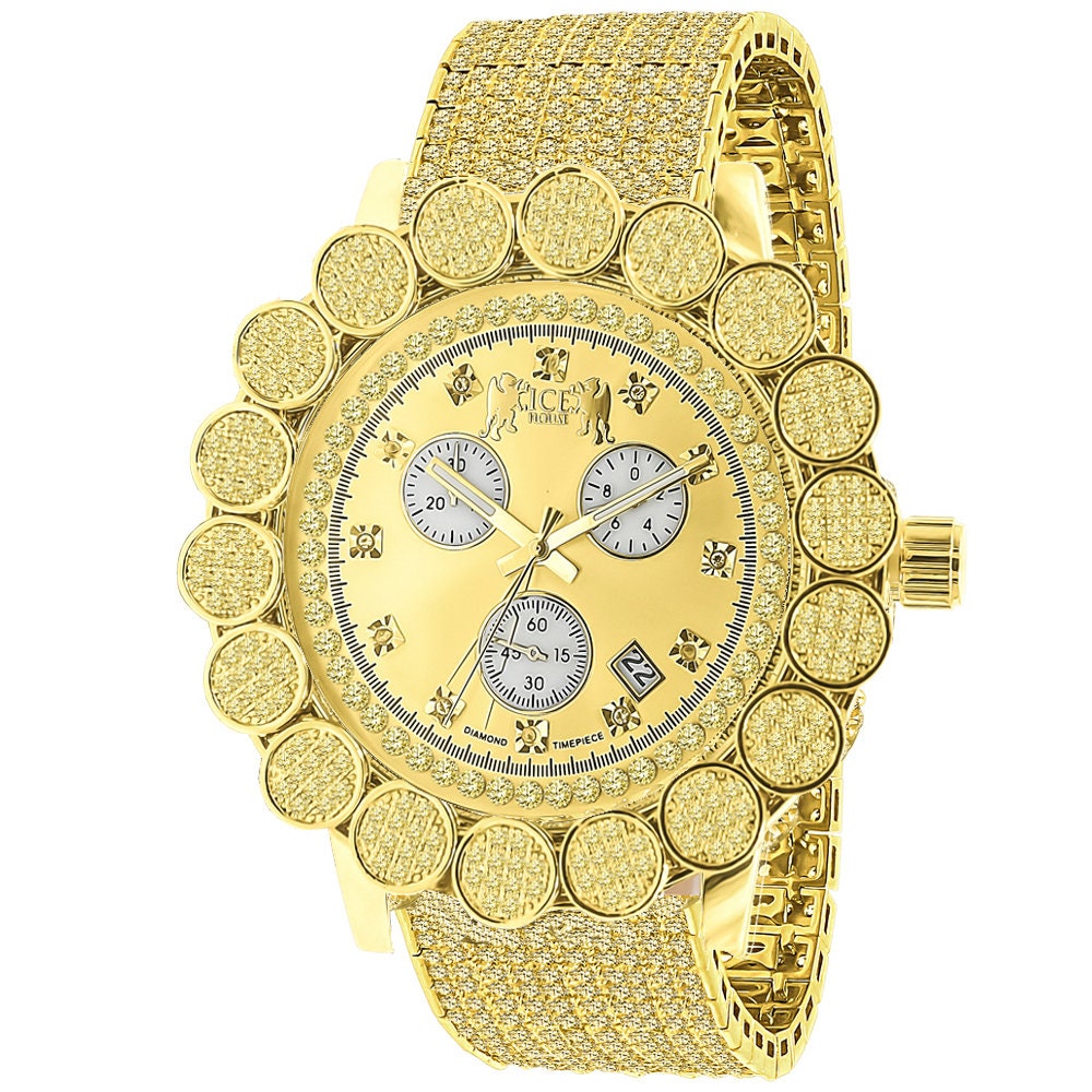 Canary Men's 18K Gold Finish Micro Pave Cluster Flower Bezel Iced Out 10 Row Band Genuine Dial Diamonds Solid Steel Back Analog Watch W/Date