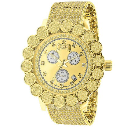 Canary Men's 18K Gold Finish Micro Pave Cluster Flower Bezel Iced Out 10 Row Band Genuine Dial Diamonds Solid Steel Back Analog Watch W/Date