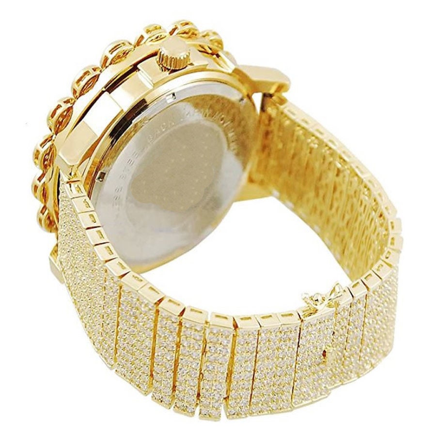 Roman Face Micro Pave Cluster Flower Bezel Full Iced 10 Row Band Genuine Dial Diamond Men's 18K Yellow Gold Tone Analog Custom Watch W/Date