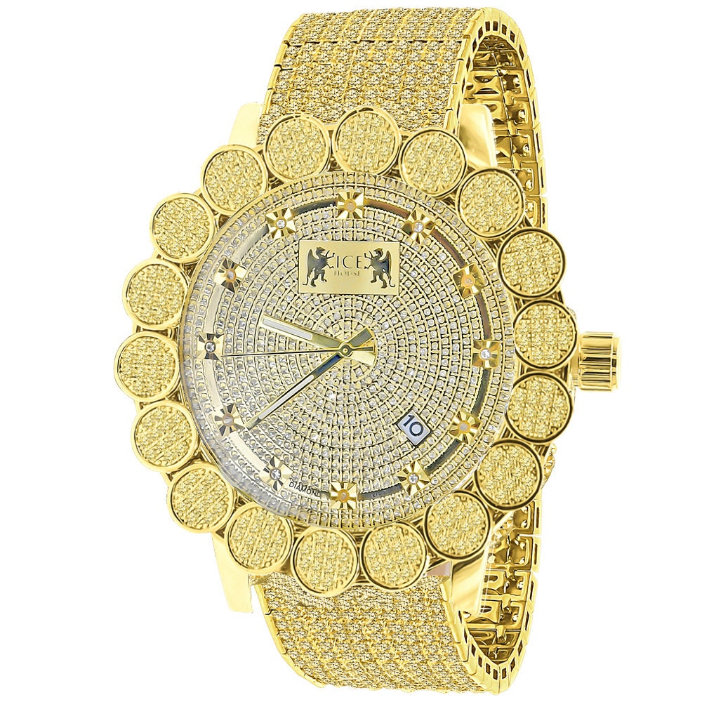 Yellow Canary Mens 18K Gold Finish Micro Pave Cluster Flower Bezel Full Iced 10 Row Band Genuine Dial Diamond Analog Custom Watch W/Date