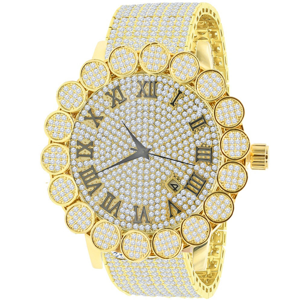 Roman Face 18K Yellow Gold Finish  Micro Pave Cluster Flower Bezel Full Iced Out 10 Row Band Genuine Dial Diamond Analog Custom Watch W/Date