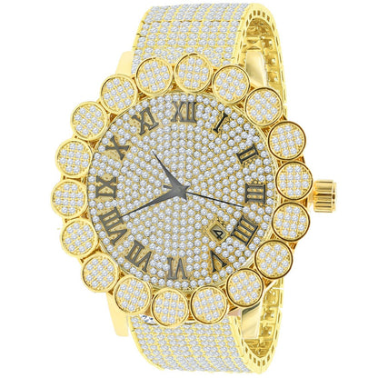 Roman Face 18K Yellow Gold Finish  Micro Pave Cluster Flower Bezel Full Iced Out 10 Row Band Genuine Dial Diamond Analog Custom Watch W/Date
