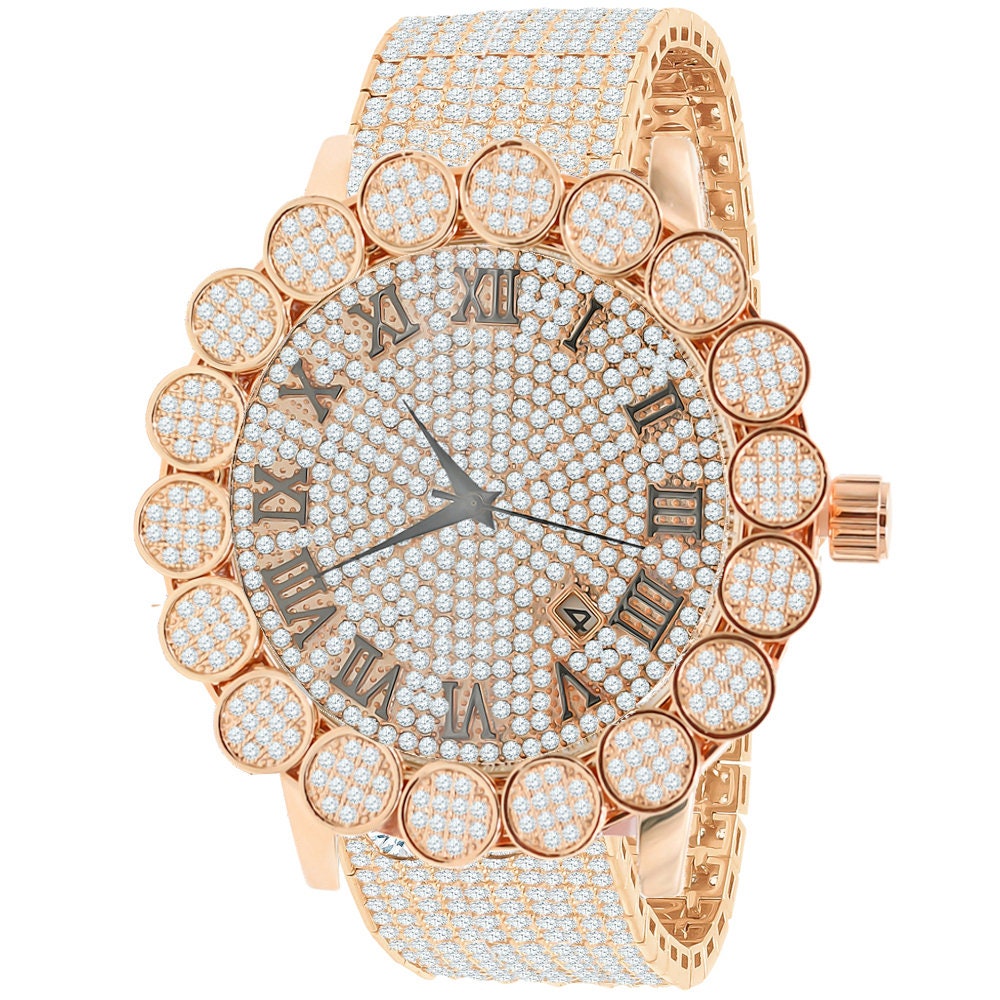 Roman Face 18K Rose Gold Finish  Micro Pave Cluster Flower Bezel Full Iced Out 10 Row Band Genuine Dial Diamond Analog Custom Watch W/Date