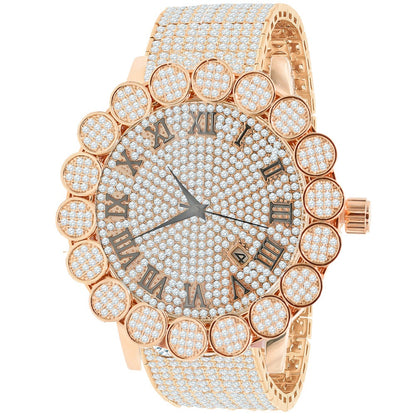 Roman Face 18K Rose Gold Finish  Micro Pave Cluster Flower Bezel Full Iced Out 10 Row Band Genuine Dial Diamond Analog Custom Watch W/Date