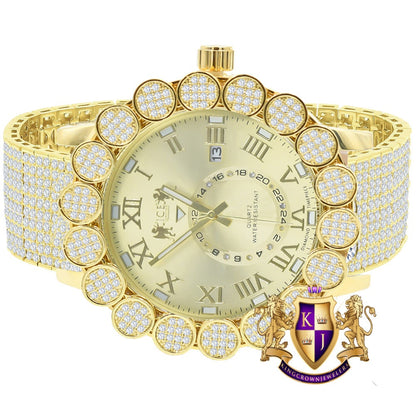 Roman Face Micro Pave Cluster Flower Bezel Full Iced 10 Row Band Genuine Dial Diamond Men's 18K Yellow Gold Tone Analog Custom Watch W/Date