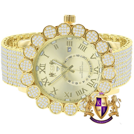 Roman Face Micro Pave Cluster Flower Bezel Full Iced 10 Row Band Genuine Dial Diamond Men's 18K Yellow Gold Tone Analog Custom Watch W/Date