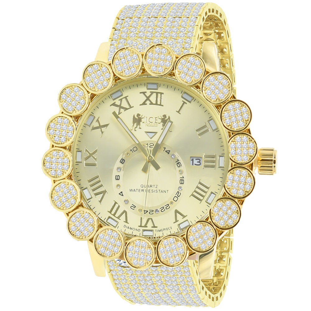 Roman Face Micro Pave Cluster Flower Bezel Full Iced 10 Row Band Genuine Dial Diamond Men's 18K Yellow Gold Tone Analog Custom Watch W/Date