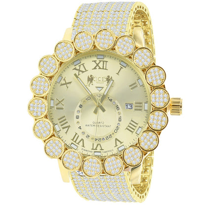Roman Face Micro Pave Cluster Flower Bezel Full Iced 10 Row Band Genuine Dial Diamond Men's 18K Yellow Gold Tone Analog Custom Watch W/Date