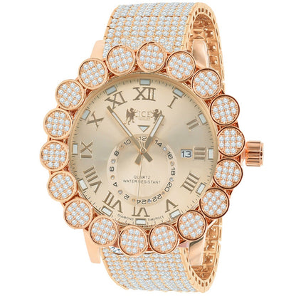 Roman Face Micro Pave Cluster Flower Bezel Full Iced 10 Row Band Genuine Dial Diamond Men's 18K Rose Gold Finish Analog Custom Watch W/Date
