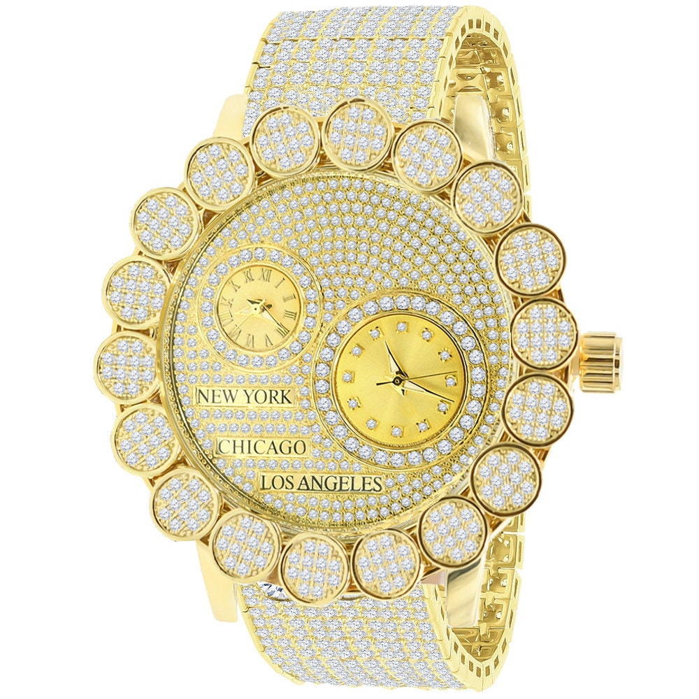 2 Time Zone Chronograph Pave Cluster Flower Bezel Full Iced 10 Row Band Genuine Dial Diamond Men's 18K Yellow Gold Tone Custom Watch W/Date