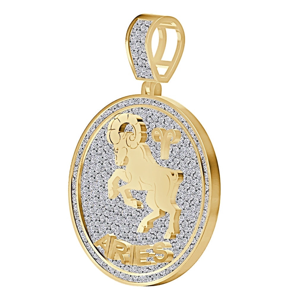 Real Genuine 2.50 Cwt. VVS1 Natural MOISSANITE Diamond Zodiac Sign Aries Ram Astrology Horoscope Charm 10K Solid Gold Over Pendant 2.25''