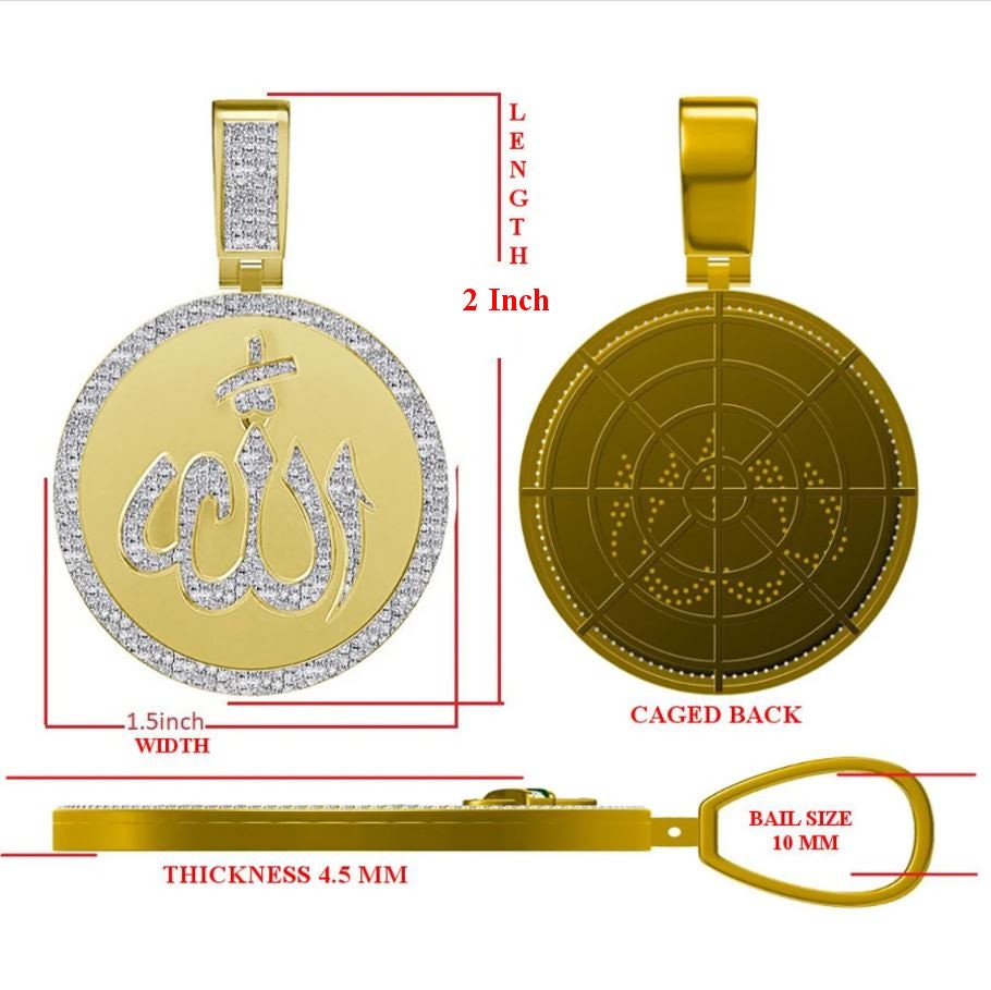 Real Genuine Authentic Diamond 0.60 Cwt. 15+ Grams Allah God Muslim Arabic Islamic Medallion 10K Solid Gold Over Unisex Charm Pendant 2''