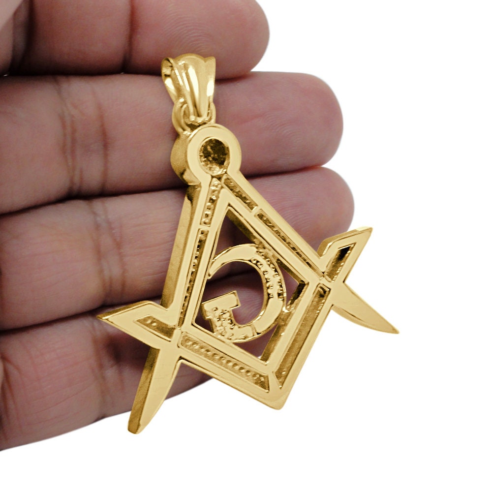 Real Genuine Authentic Diamond 23 + Grams Freemason Masonic G Compass Unisex Charm 10K Solid Over Finish Custom Pendant Chain Set  2"